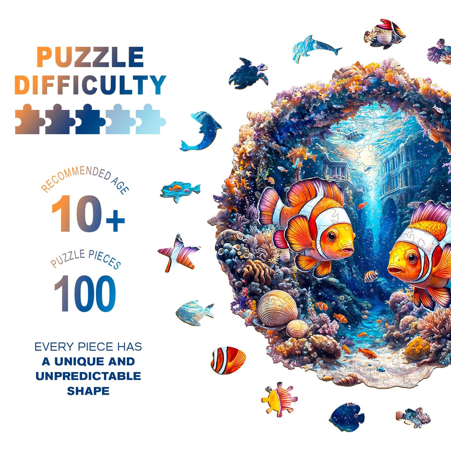 Wooden Puzzles for mature-themeds - Clownfish Journey Wooden Jigsaw Puzzle  Unique Animal Shaped Wood Puzzles mature-themed  Christmas Birthday Gifts for Friends/Family  Home Decor 8.5 * 8.3in 100pcs