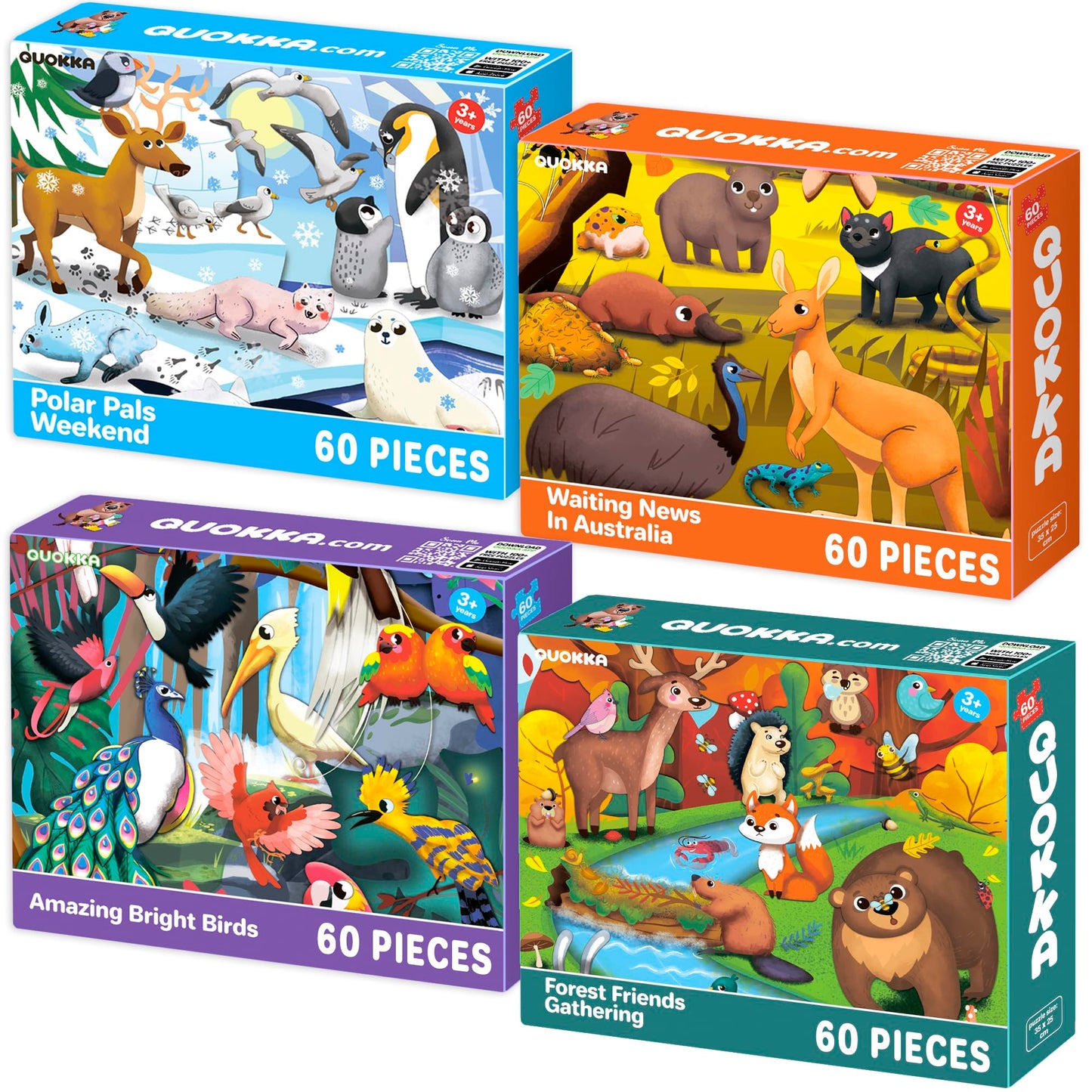 Quokka Puzzles For Kids Ages 4-6 - Set Of 4X60 Jigsaw Puzzles For Toddlers 3-5 - Polar, Birds, Animals Toys For Children 6-8 Yo - Gift Educational Game For Boys & Girls