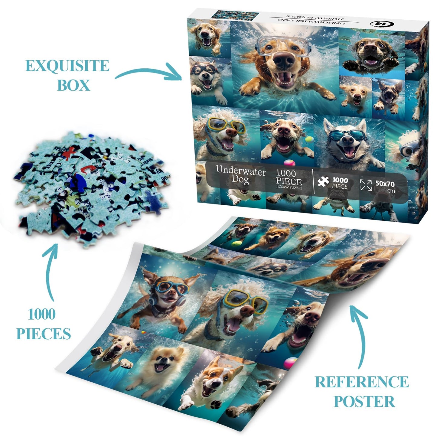 Dog Jigsaw Puzzle For Adults 1000 Piece, Funny Puppy Animal Jigsaw Puzzles, Fun Cool Silly Puzzle With Underwater Dogs