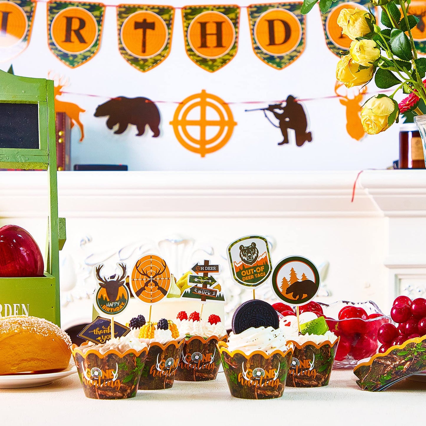 Dianelhall Hunting Theme Party Decorations - 62 Pcs Camo Birthday Supplies, Cupcake Toppers, Brown/Green/Orange, Model: Dianelhall-043