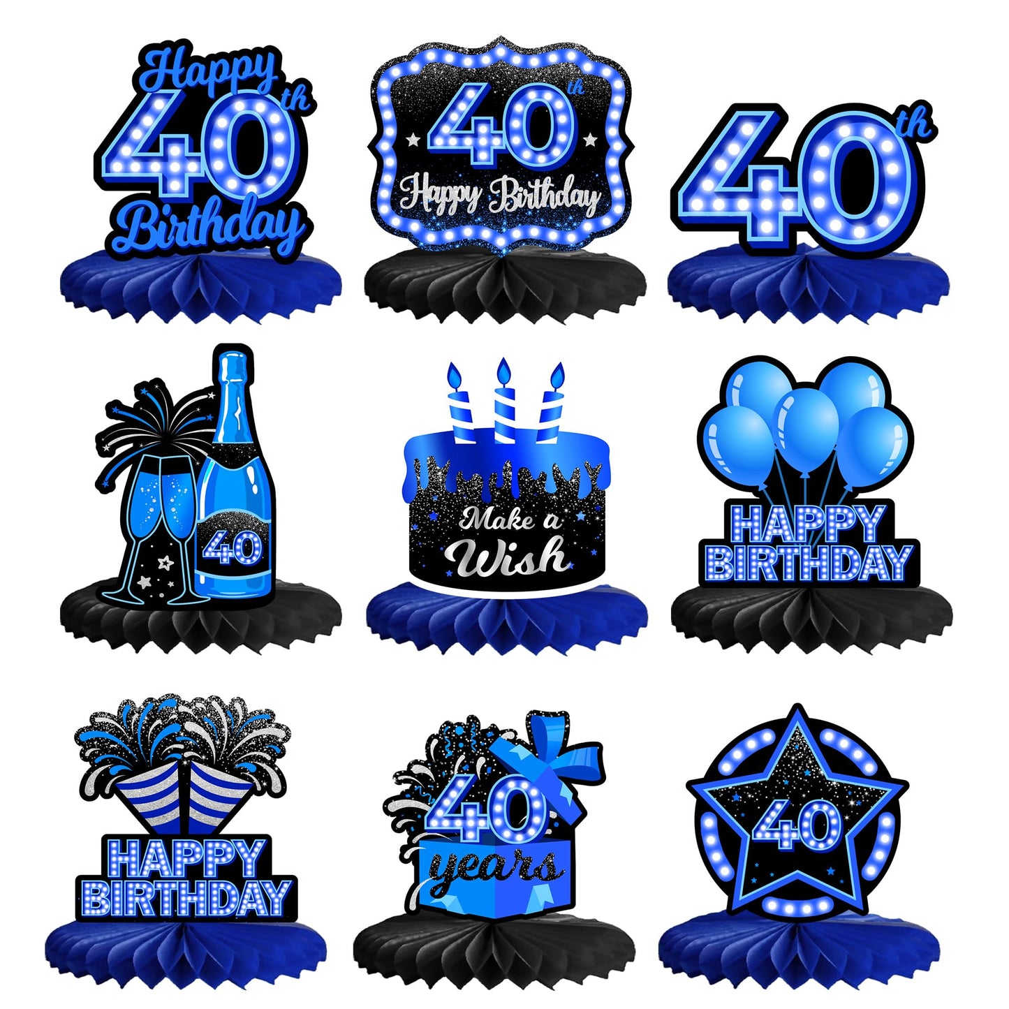 Happy 40th Birthday Honeycomb Centerpieces 9Pcs Stylish Sophisticated Blue Neon Theme Table Decor for Boys Girls Birthday Party 