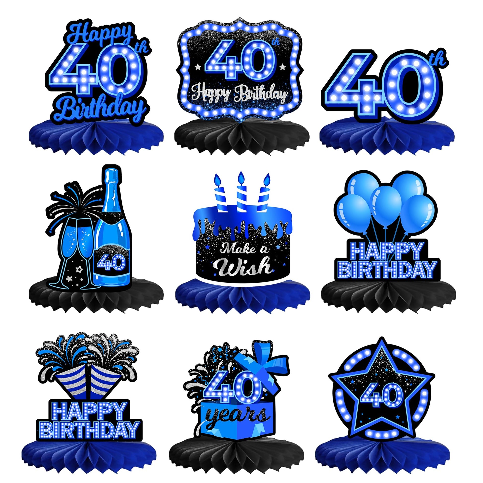 Happy 40th Birthday Honeycomb Centerpieces 9Pcs Stylish Sophisticated Blue Neon Theme Table Decor for Boys Girls Birthday Party 