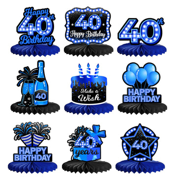 Happy 40th Birthday Honeycomb Centerpieces 9Pcs Stylish Sophisticated Blue Neon Theme Table Decor for Boys Girls Birthday Party 