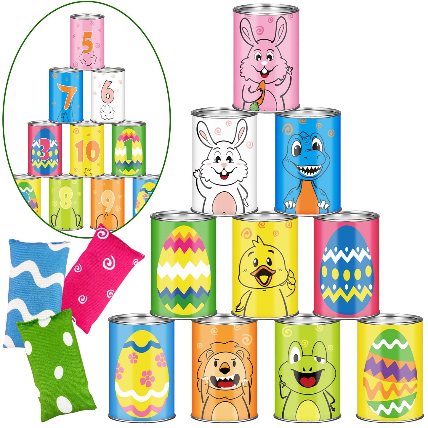 13 Pack Carnival Bean Bag Toss Games, Animal Bunny Easter Eggs Theme Knockdown Can Carnival Outdoor Game For Kids Family Carniva