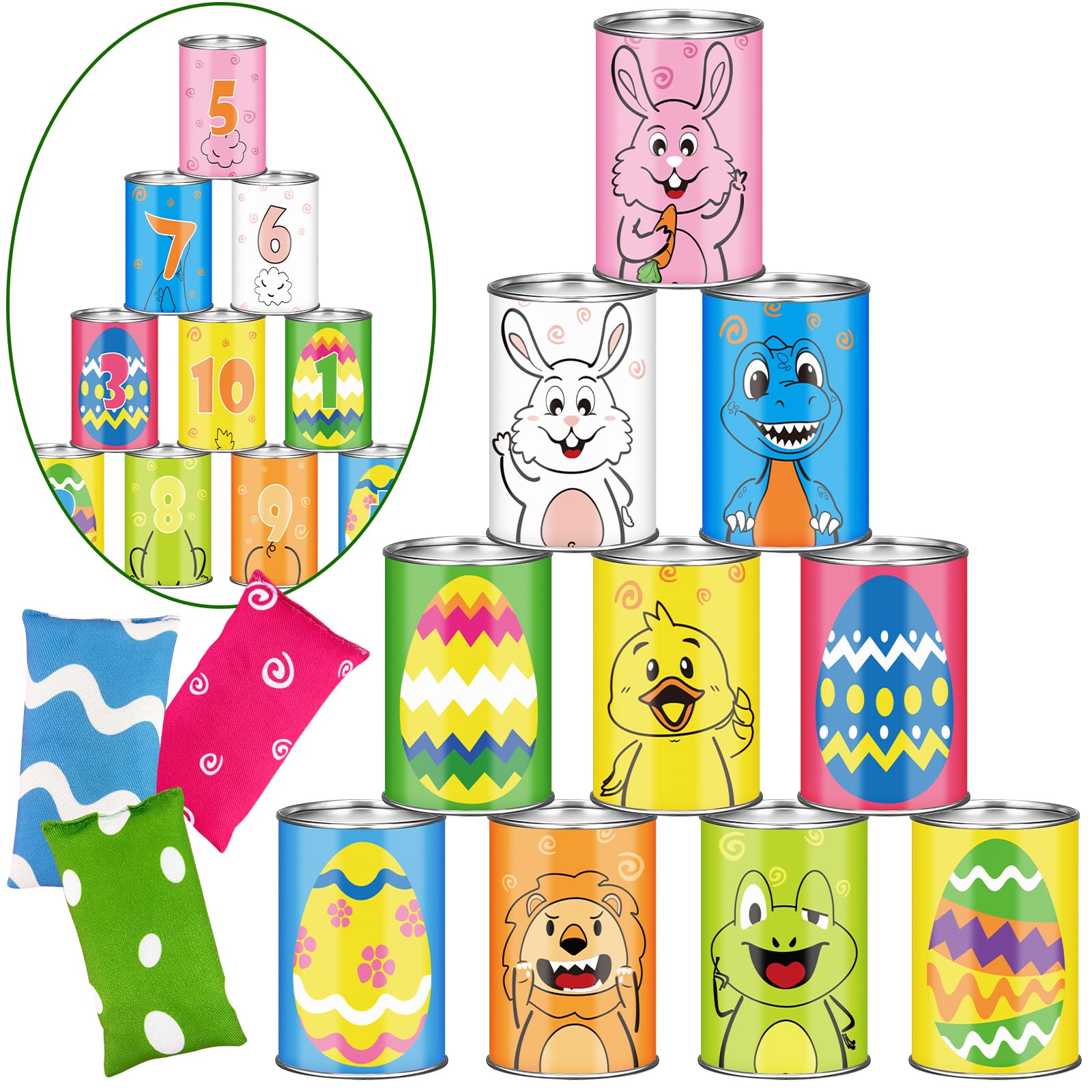 13 Pack Carnival Bean Bag Toss Games, Animal Bunny Easter Eggs Theme Knockdown Can Carnival Outdoor Game For Kids Family Carniva