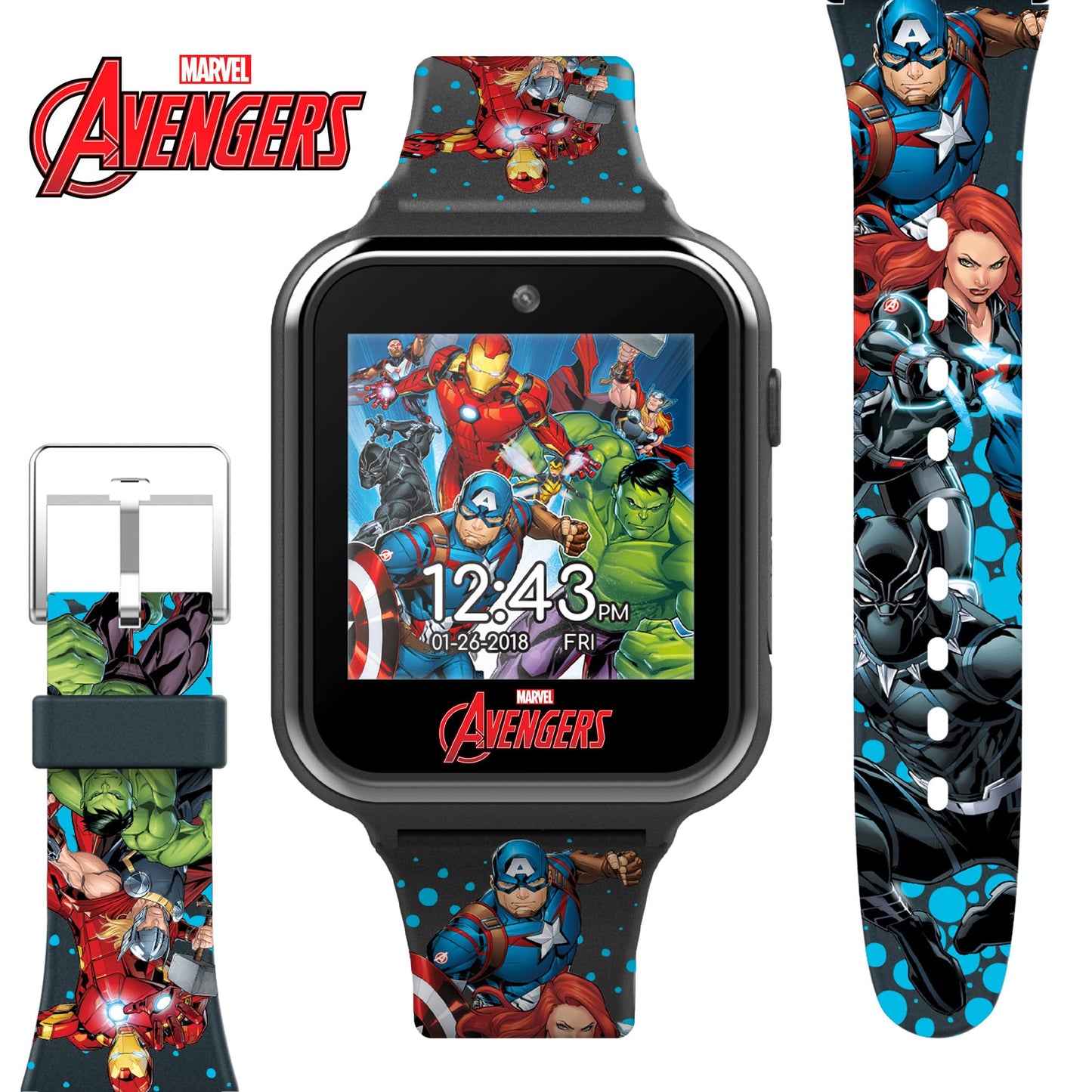 Accutime Kids Marvel Avengers Black Educational Touchscreen Smart Watch Toy For Girls, Boys, Toddlers - Selfie Cam, Learning Games, Alarm, Calculator, Pedometer And More (Model: Avg4597Az)