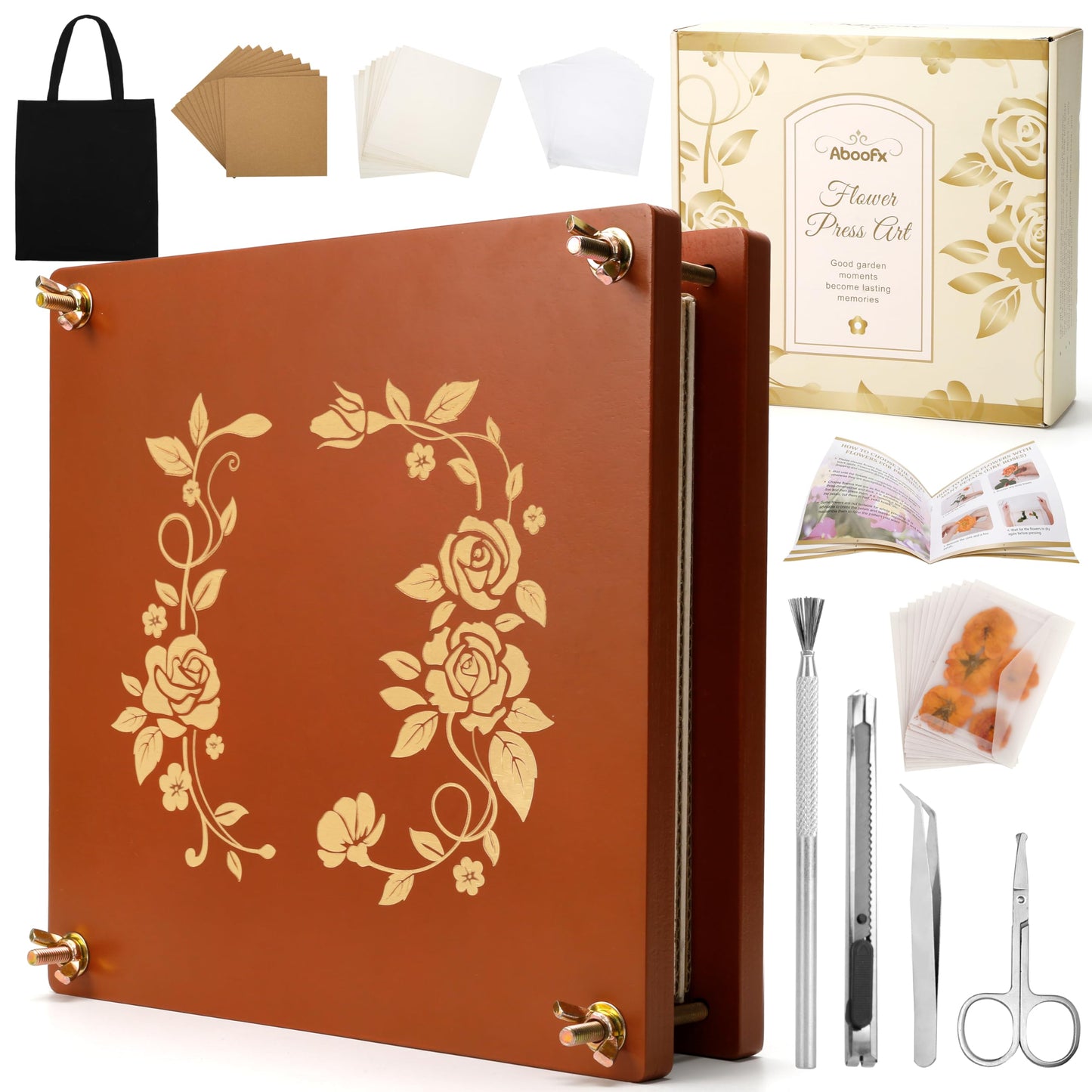 Aboofx Extra Large Wooden Flower Press Kit, 10 Layers, 10" x 10", DIY Craft Kit for Kids and Adults, Brown, Model F-036P