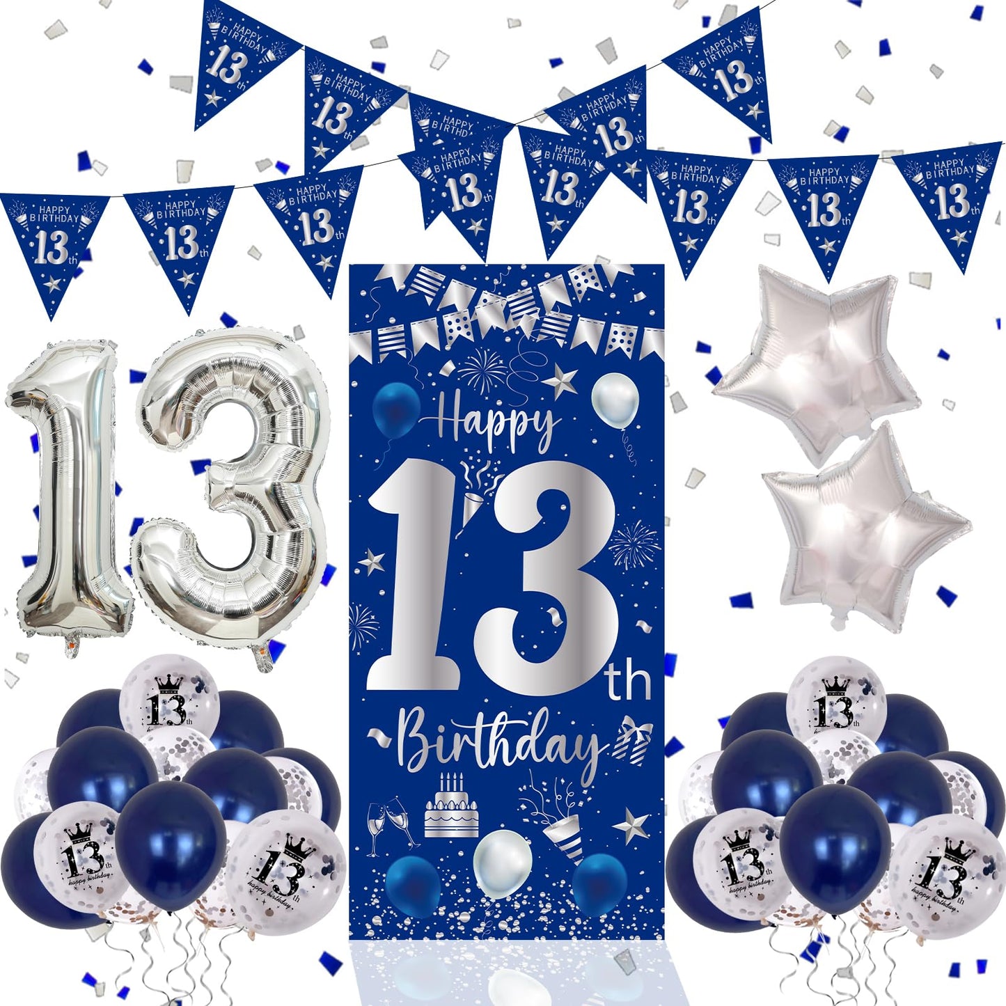 13Th Birthday Decorations For Boys Girls, Navy Blue Silver Happy 13Th Birthday Door Banner Decorations, 32'' Number 13 Foil Ball