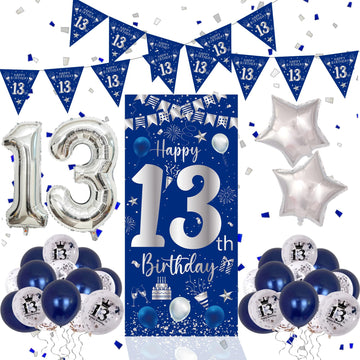 13Th Birthday Decorations For Boys Girls, Navy Blue Silver Happy 13Th Birthday Door Banner Decorations, 32'' Number 13 Foil Ball