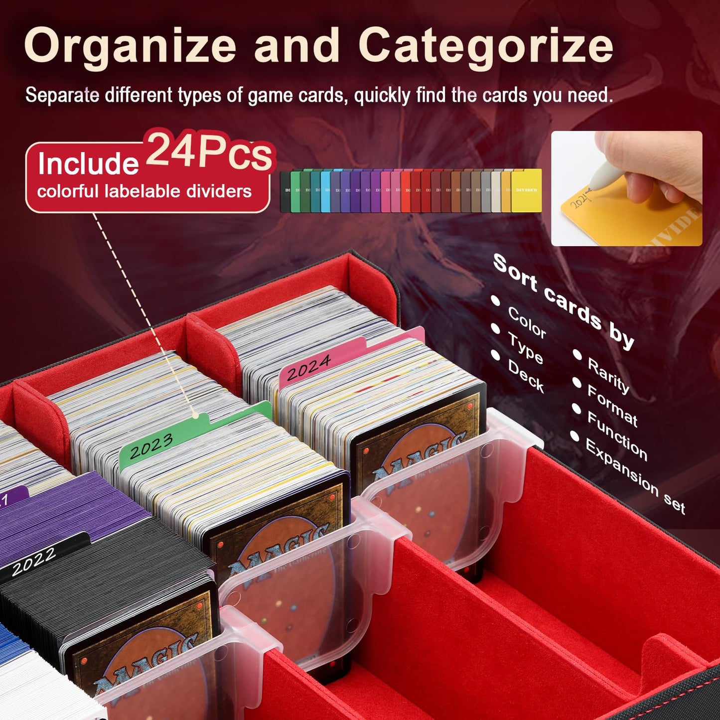TiMOVO Trading Cards Storage Box  3800+ MTG Card Deck Box with 24 Colorful Dividers & 5 Card Supporters  5 Rows Magnetic Leather Commander Deck Box Fits MTG Yugioh TCG Magic Game Cards  Black+Red
