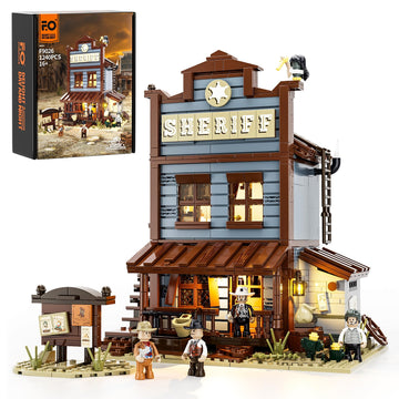 Funwhole Sheriff'S-Office Lighting Building-Bricks Set - The Old West Sheriff'S Office Led Light Construction Building Model Set 1240 Pcs For Adults And Teen