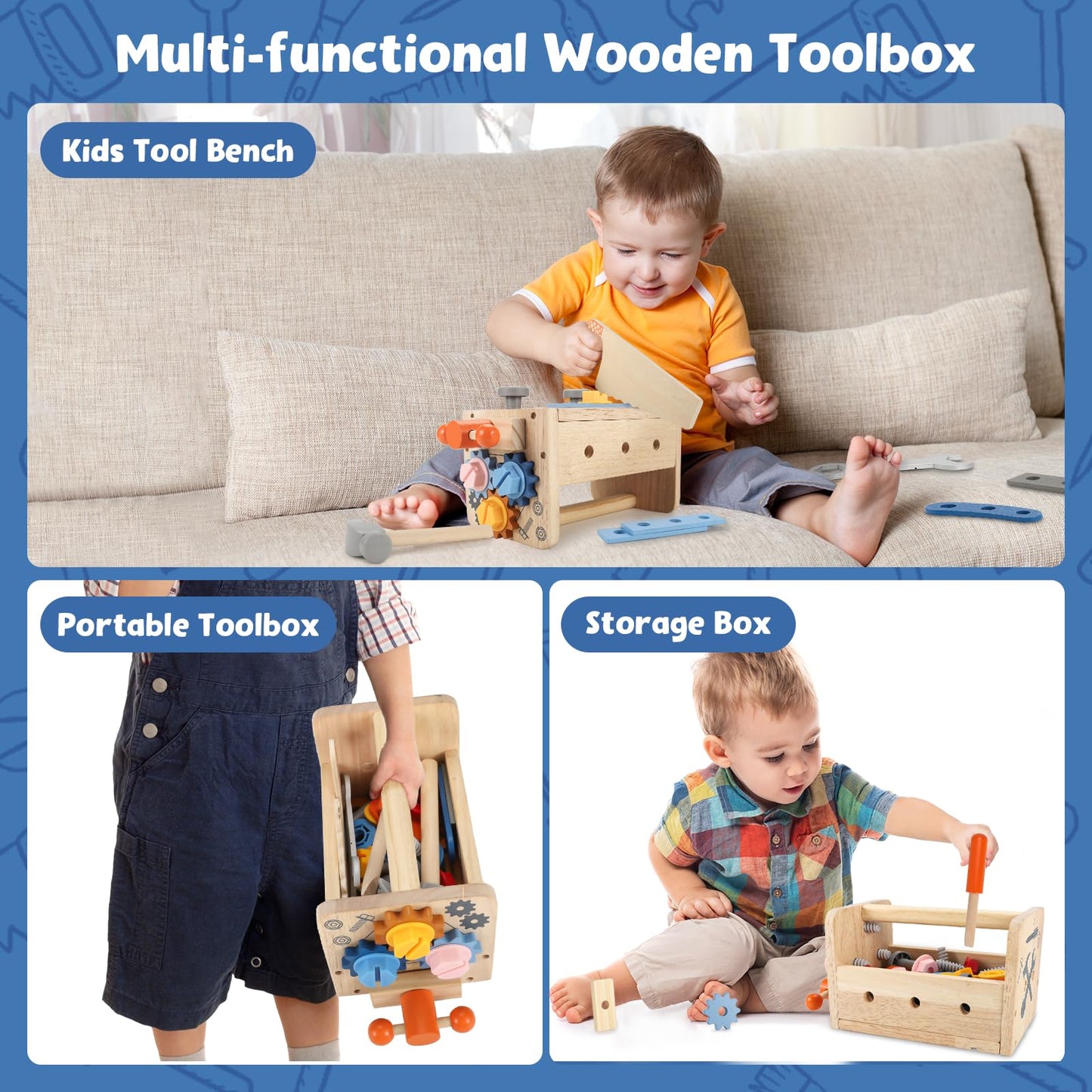 Vextronic Kids Tool Set, 38 PCS Wooden Montessori Toy Tools for Toddlers 1 2 3 4 5 6 with Tool Bench/Box, Play Toddler Tool Set,