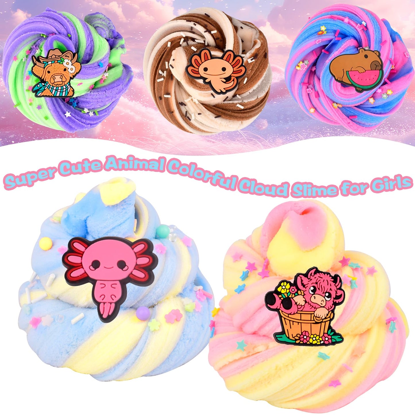 Wujyly 24 Pack Slime Kit - Soft & Non-Sticky Butter, Cloud & Crystal Slime - 12 Axolotl, 6 Highland Cow, 6 Capybara Charms - Diy