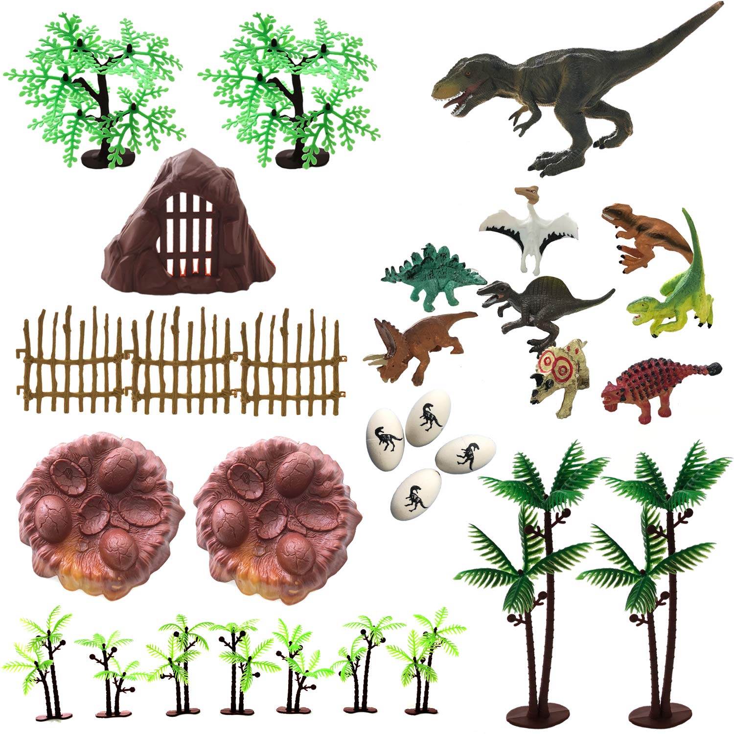 30 Piece Dinosaurs Toys Set - Plastic Dinosaurs Figures, Realistic Dinosaurs Trees & Rocks,Dinosaur Eggs and Nest,Kids Dinosaurs