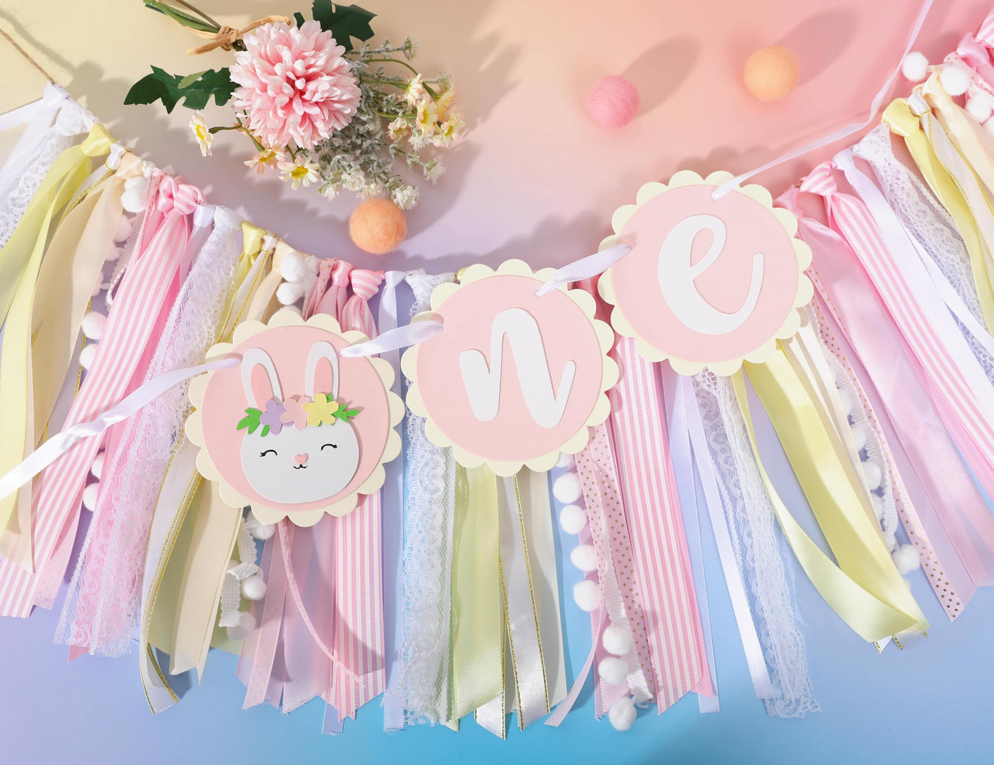 Some Bunny Is One High Chair Banner - Easter Bunny 1st Birthday Highchair Banner for Girls, Spring Rabbit 1st Birthday Decoratio