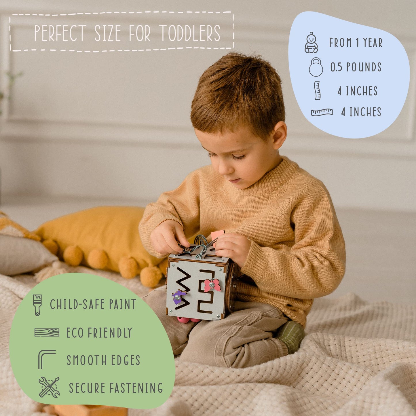 Brainuptoys Busy Cube For Toddlers Kids Children Baby - Travel Activity Busy Board – Wooden Sorter Toy - Montessori Toys Infant - Sensory Board - Learning Basic Life Skill - Time Telling Clock