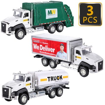 G.C 3 Pack Diecast Transport Vehicles Truck Toys Set Garbage Truck Tanker Delivery Truck 1:50 Scale Pull Back Metal Model Car To