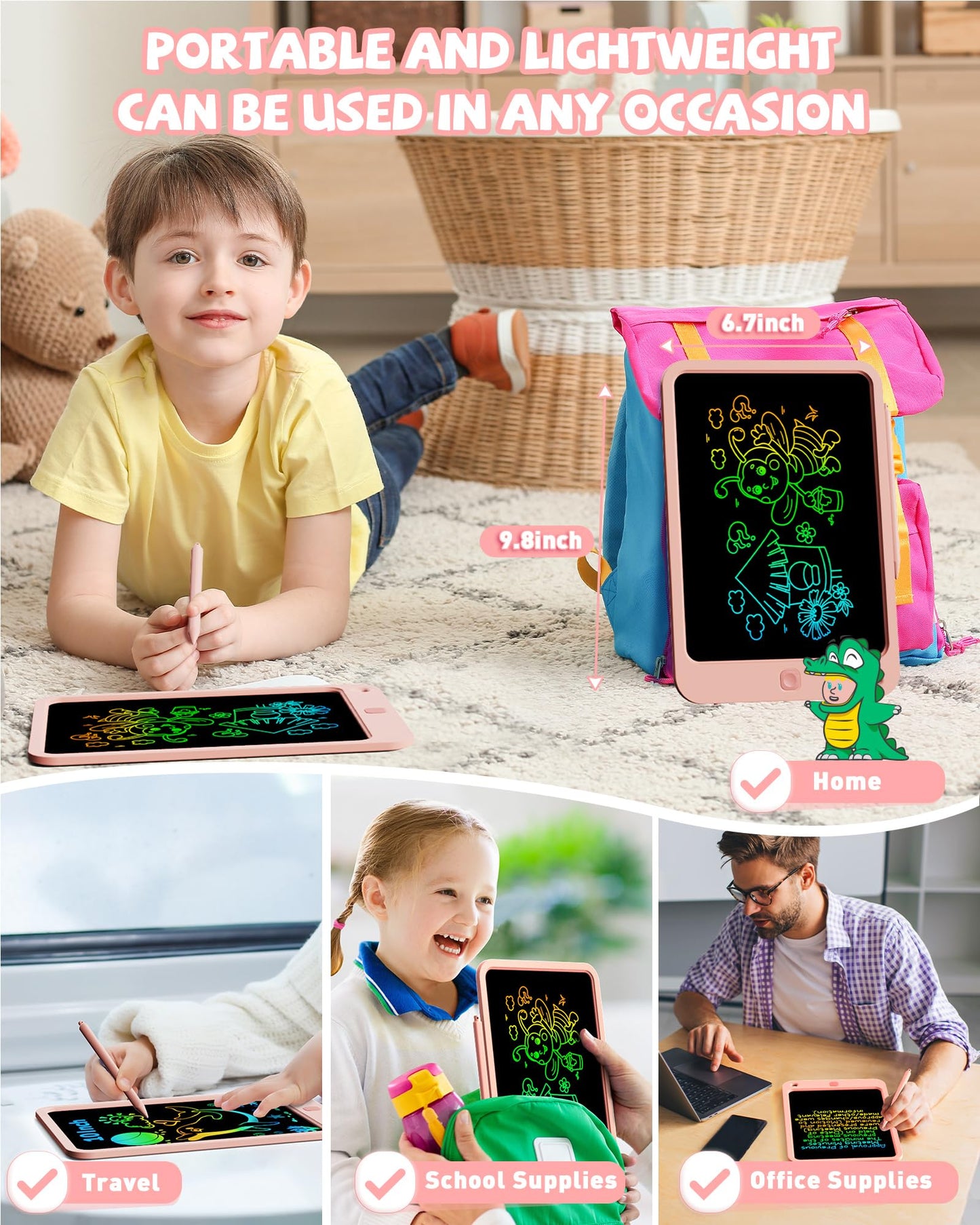 Kokodi Lcd Writing Tablet For Kids, 10 Inch Colorful Drawing Tablet, Educational Learning Kids Toys For Age 3-12 Years Old, Toddler Doodle Board, School Supplies For Girls, Birthday Gifts 5-7