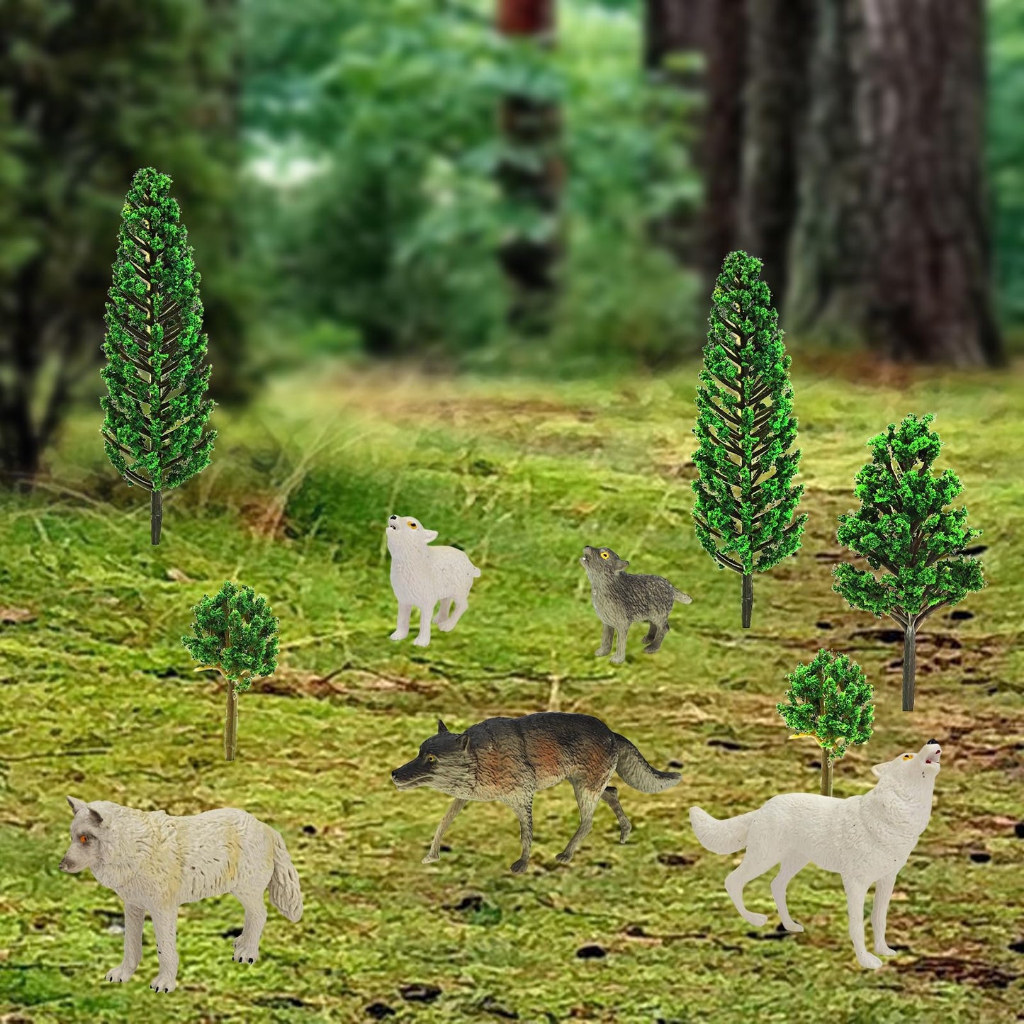 Onest 29 Pieces Mini Wolf Figurines Set Miniature Model Wolves Tree Toys Wolves Cake Toppers Decoration Small Wolf Figures For K