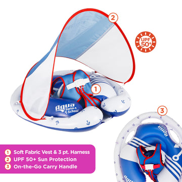 Swimschool Freestyle Swimmer Baby Pool Float With Sunshade Canopy And Multi-Position, Adjustable Safety Seat, Dual Air Chambers Safe, Red-White-Blue Nautical