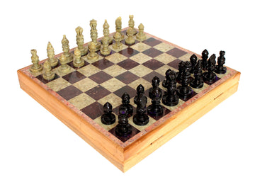 Stonkraft Handcarved Chess Board With Wooden Base - Stone Inlaid Work - Chess Game Board Set