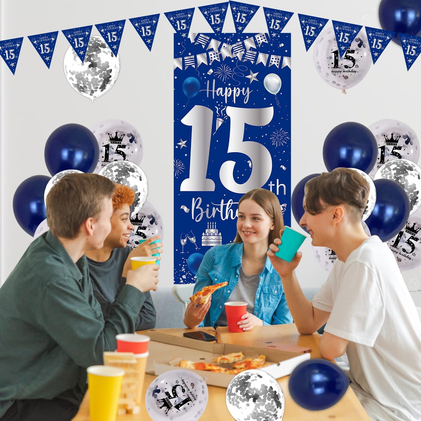 15Th Birthday Decorations For Boys Girls, Navy Blue Silver Happy 15Th Birthday Decorations Door Sign Banner 32'' Number 15 Foil
