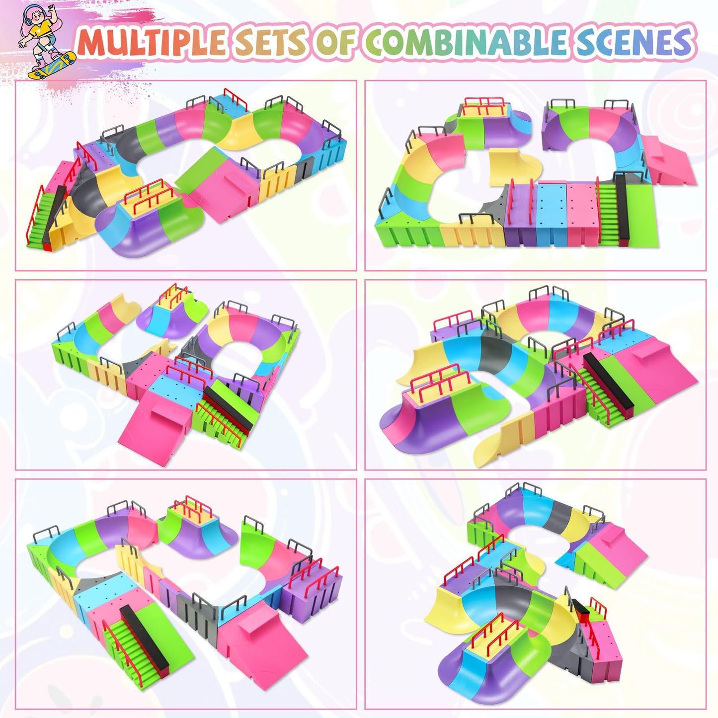Ketiee Fingerboard Skate Park Kit: 57Pcs Finger Skateboard Ramp Set With Exclusive 31 Ramps 6 Mini Skateboards & Mini Bicycles, Huge Finger Skatepark Training Props Toys Gifts For Kids Ages 6 And Up
