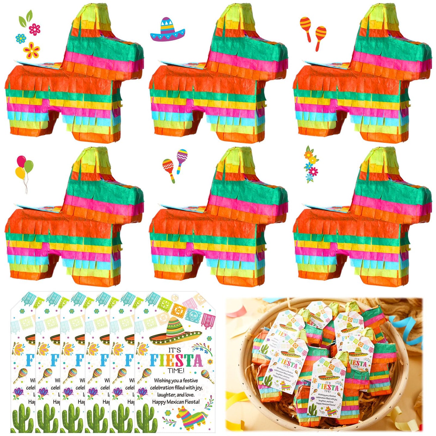 6 Pcs Mini Donkey Pinatas for Fiesta Birthday Party Supplies 4 x 4 Inches Cinco De Mayo Small Pinata with Greeting Card for Cinc