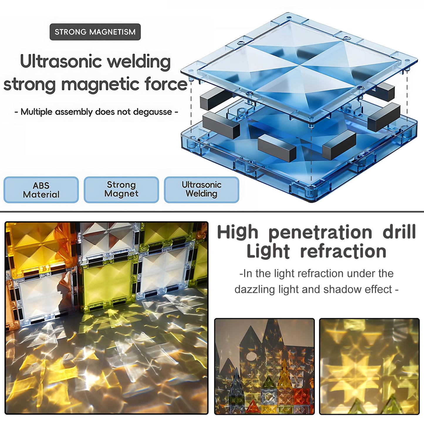 Deluxe Quality Magnetic Tiles Building Set with Attractive Reflective Pattern  LED Lights  Marble Run  and Cars - STEM Educational Toy for Creative Kids Girls Boys 3+ (147 pcs Big Castle with 2 Cars)