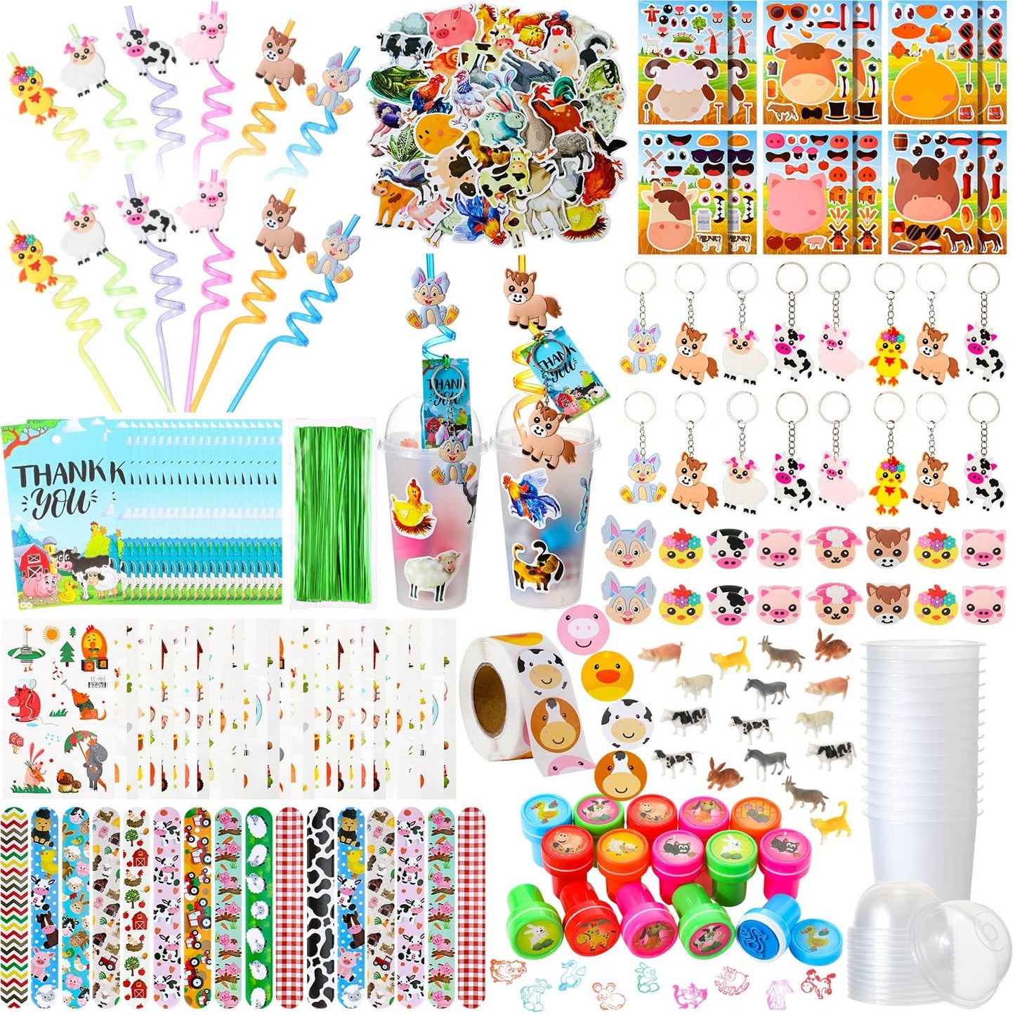 Poen 212 Pcs Farm Animal Party Favors Set Include Cup Straw Stamp Clap Bracelet Keychain Ring Puzzle Sticker Animal Miniature Ca