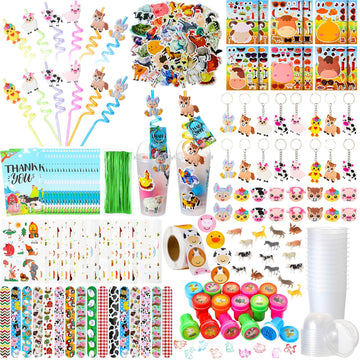 Poen 212 Pcs Farm Animal Party Favors Set Include Cup Straw Stamp Clap Bracelet Keychain Ring Puzzle Sticker Animal Miniature Ca