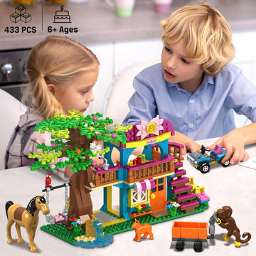 Hogokids Tree House Building Sets With Led Light - Jungle Treehouse Building Toy With Car Horse Animals Swing Playset 433Pcs Forest House Building Kit Birthday Gift For Kids Girls Boys Age 6-12 Years