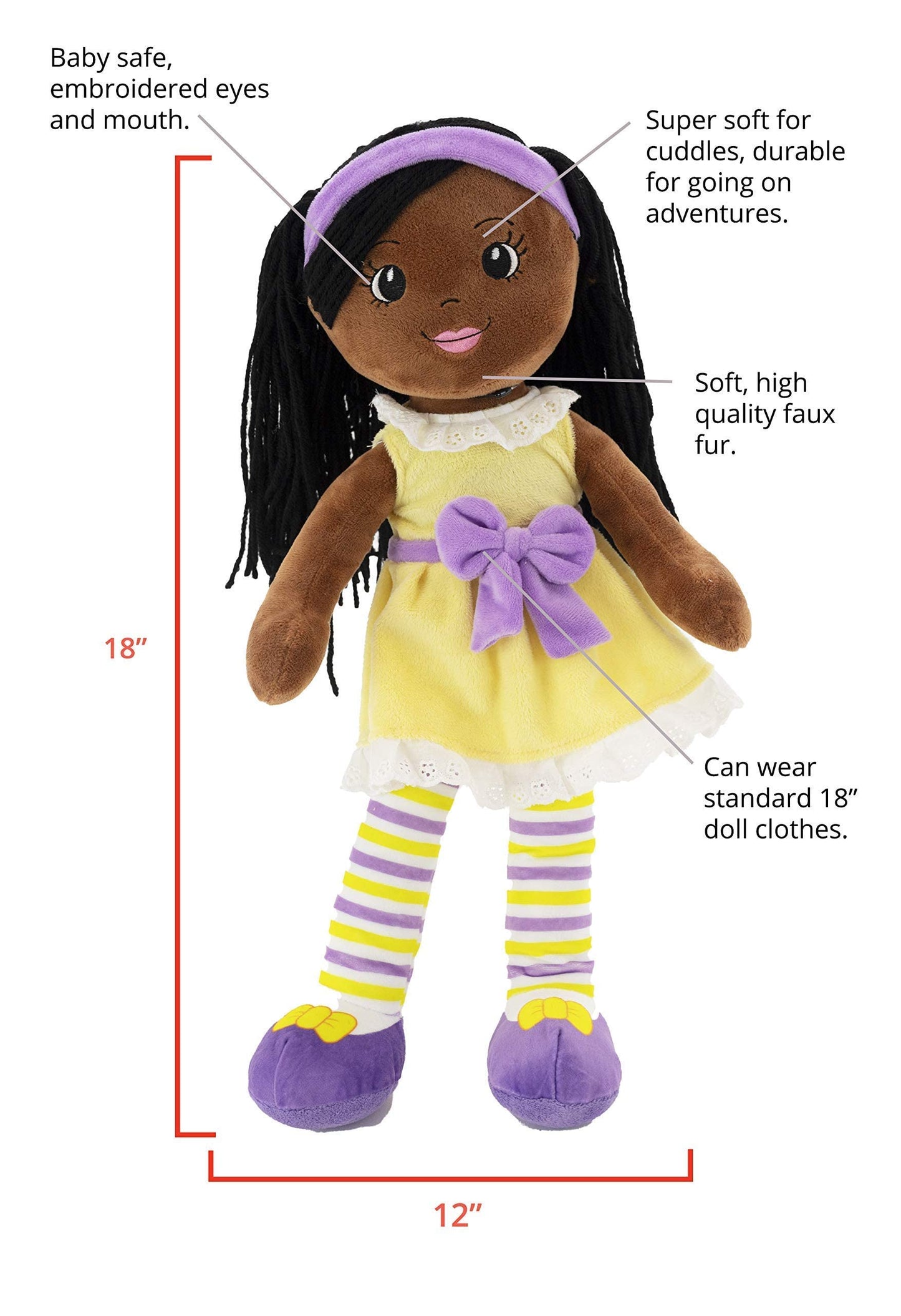 Plushible Plush Baby Doll - 18 Inch Rag Dolls For Girls, Infants, Toddlers, & Babies - Black Yarn Hair - Large Plushie Toys - Ka