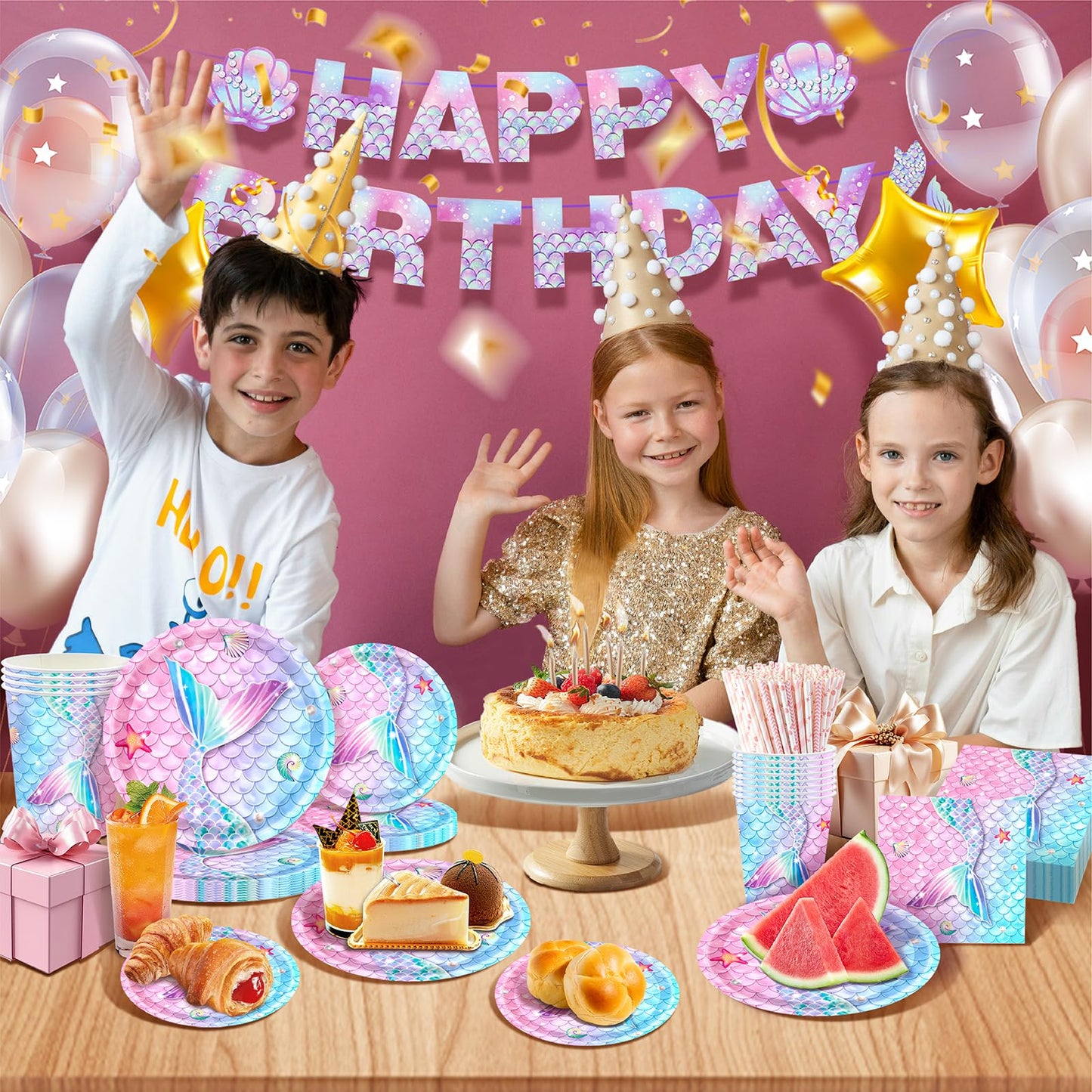 146Pcs Mermaid Plates and Napkins Mermaid Party Supplies Includes Plates, Napkin, Fork, Cup, Straw, Tablecloth, Banner for Baby