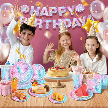 146Pcs Mermaid Plates and Napkins Mermaid Party Supplies Includes Plates, Napkin, Fork, Cup, Straw, Tablecloth, Banner for Baby