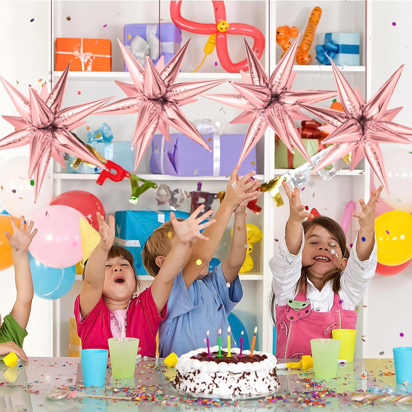 Rose Gold Star Balloons, Big 72 Pieces 26 Inch Explosion Starburst Foil Cone Balloons, 12 Point Large Starburst Balloons For Wed