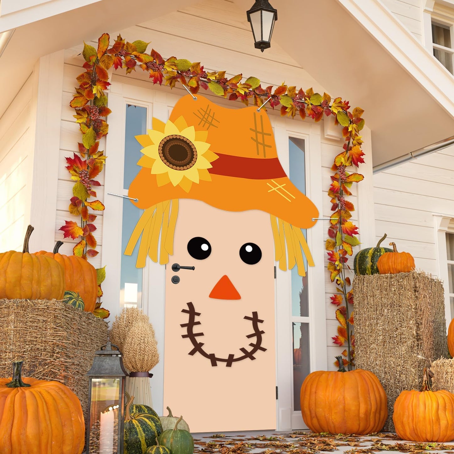 Thanksgiving Scarecrow Door Cover Fall Scarecrow Door Decoration Autumn Harvest Backdrop DIY Scarecrows Banner Backdrop for Home
