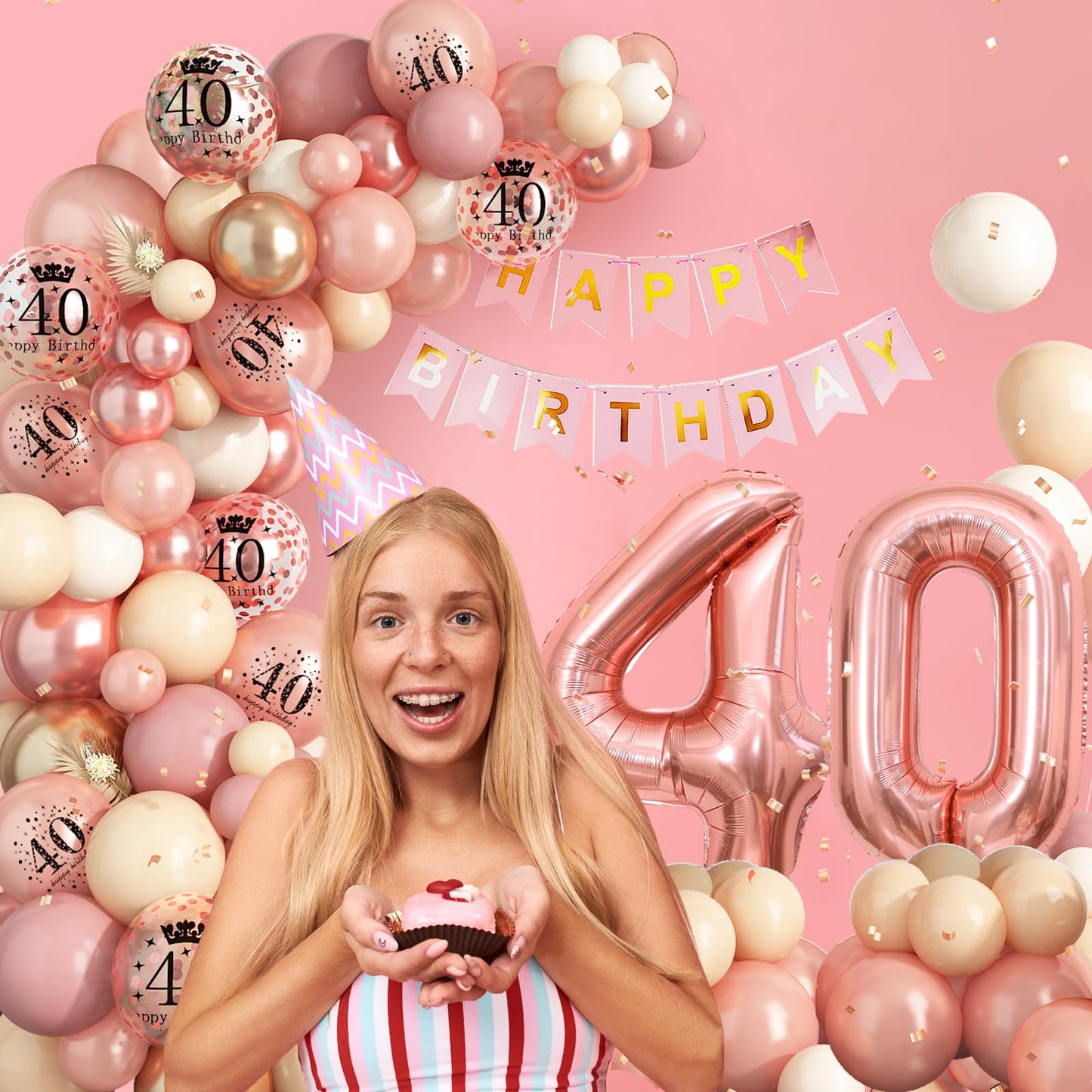 40Th Birthday Decorations For Women,Rose Gold 40Th Birthday Balloon Arch Garland Kit With Happy 40Th Birthday Number 40 Foil Bal