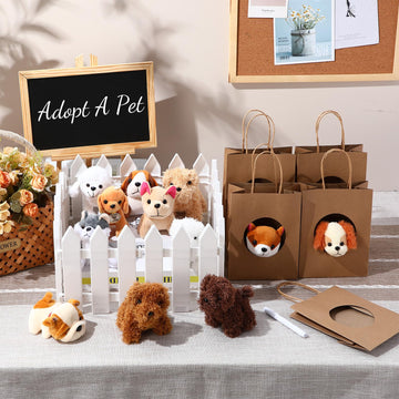 Arrowbash 36 Pcs Mini Plush Stuffed Animals Set With 10 White Plastic Fence 12 Kraft Paper Gift Bags Wooden Mini Chalkboard Sign