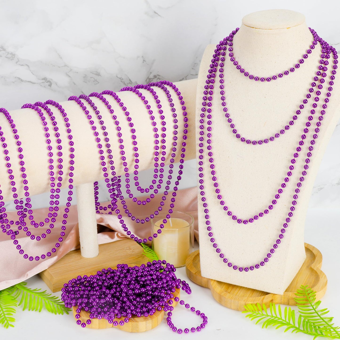100 Pcs Purple Beads Necklaces, Mardi Gras Beads Necklaces, 33'' Round Beaded Bulk Parade Throw Accessories Set, Beads Necklaces