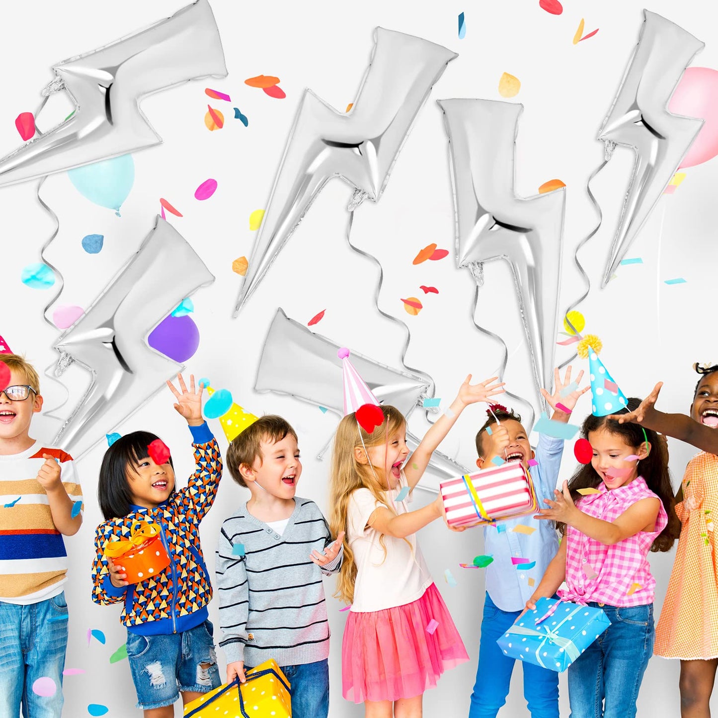 Set Of 6 Lightning Bolt Foil Party Balloons 45 Inch Flash Balloons For Party Mylar Lightning Bolt Shape Balloons Foil Bolt Birthday Party Supplies For Birthday Wedding Decoration (Silver)