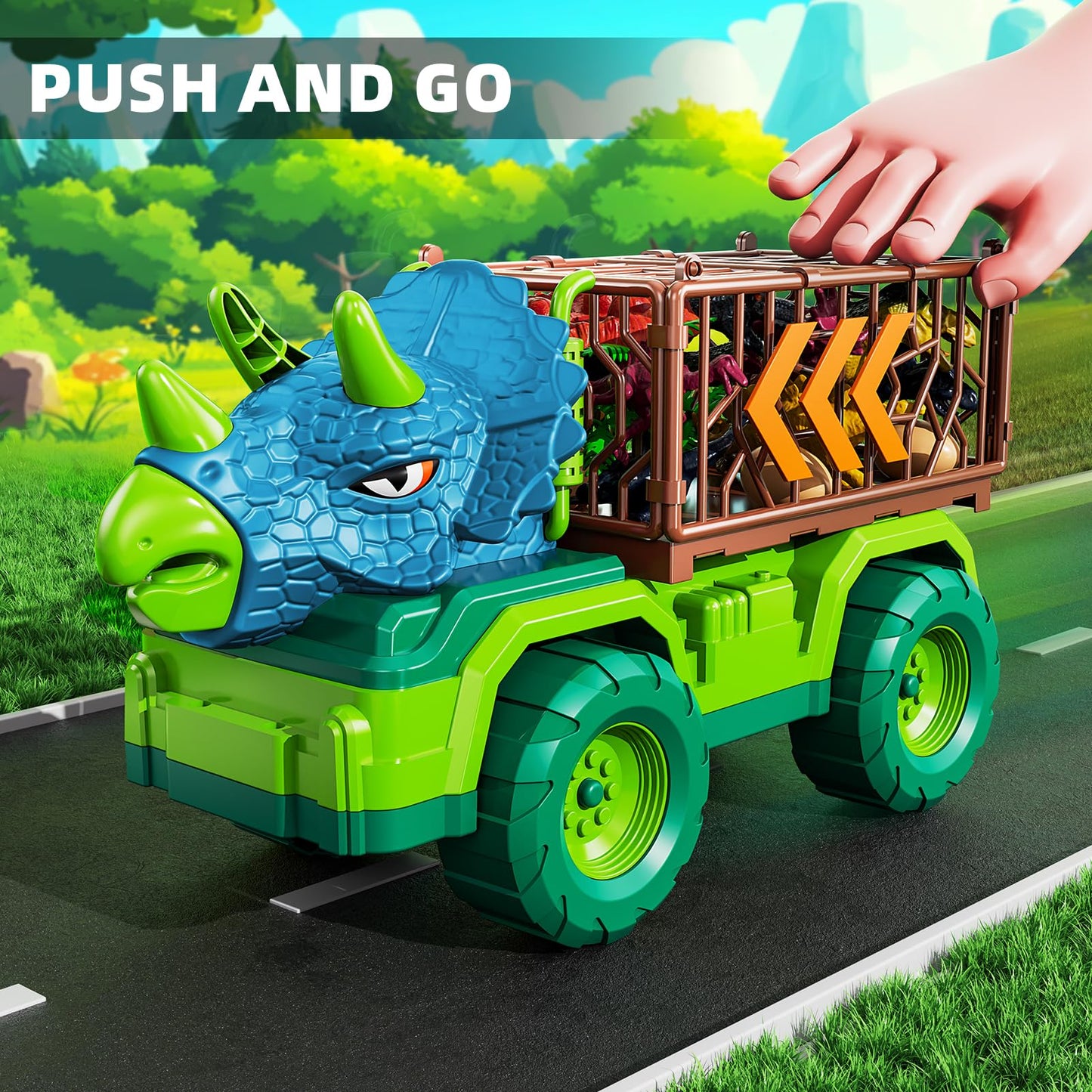 MAGICDINOSAUR Triceratops Truck Toy for Kids 3+ Years, Large Vehicle Carrier with Dinosaur Eggs, Jurassic Dinosaur Figures, Play