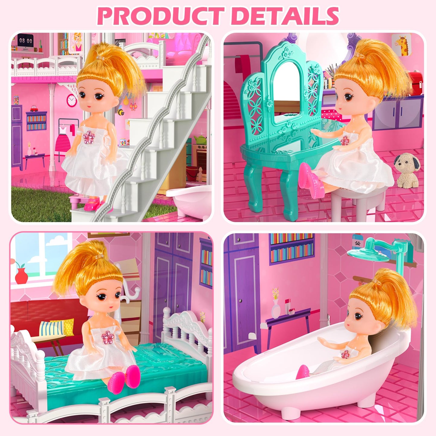 Dollhouses, Housetoys Furniture Pink Girl Toys, 4 Stories 10 Rooms Dreamhome With 2 Princesses Slide Accessories, Toddler Playhouse Gift For For 3 4 5 6 7 8 9 10 Year Old Girls Toys
