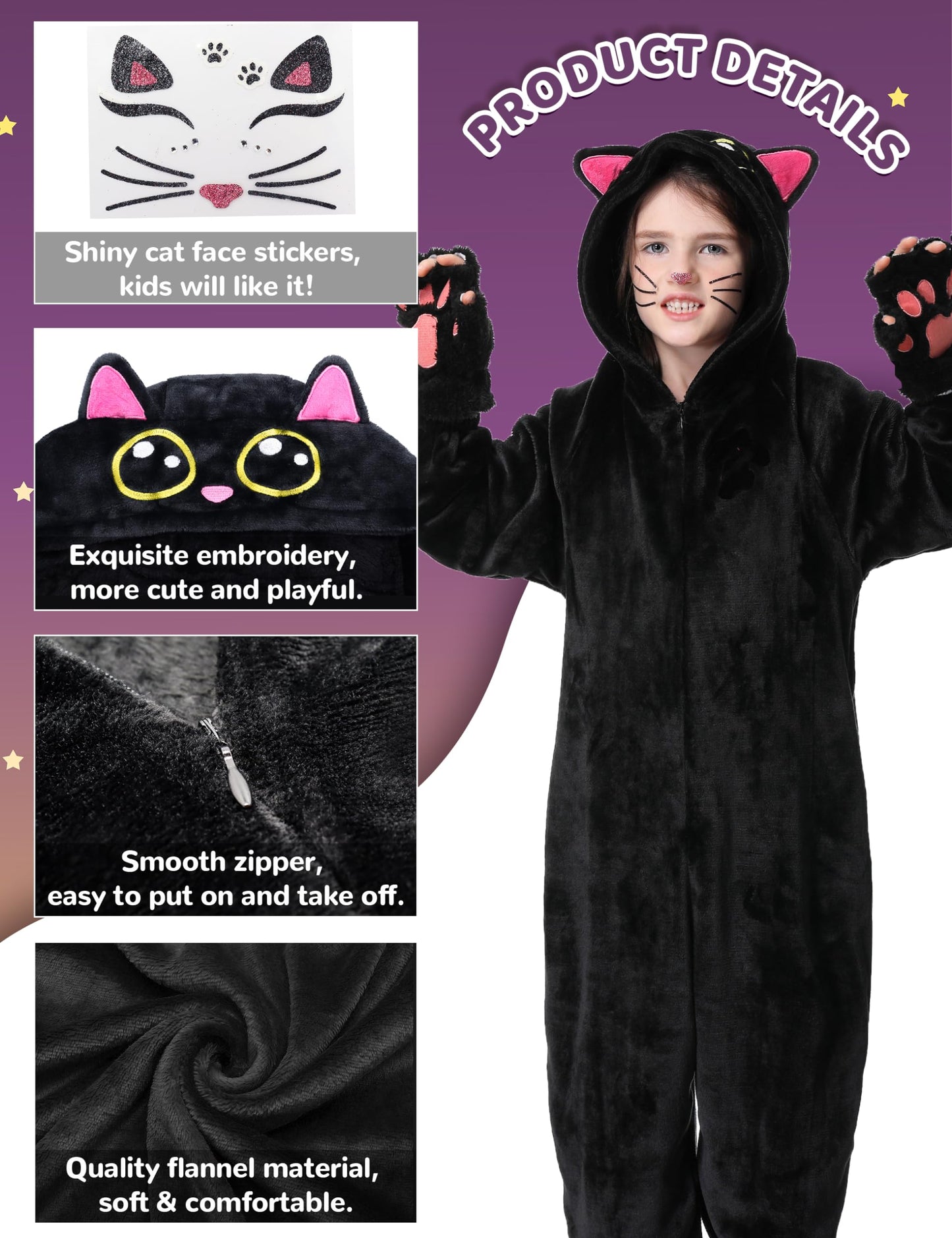 Resiwai Black Cat Costume For Kids Girls Kitten Costume Kids Cat Onesie Halloween Black Cat Costumes For Kids