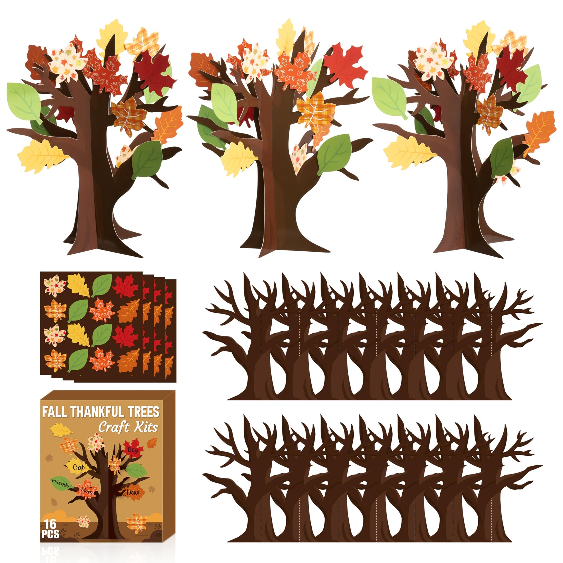 WATINC 16Pcs Fall Thankful Trees Craft Kits for Kids, Autumn Maple Oak Leaves Make Your Own DIY Thanksgiving Trees Decoration Th