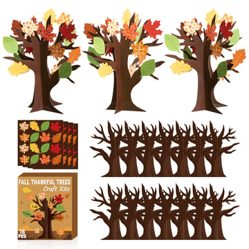 WATINC 16Pcs Fall Thankful Trees Craft Kits for Kids, Autumn Maple Oak Leaves Make Your Own DIY Thanksgiving Trees Decoration Th