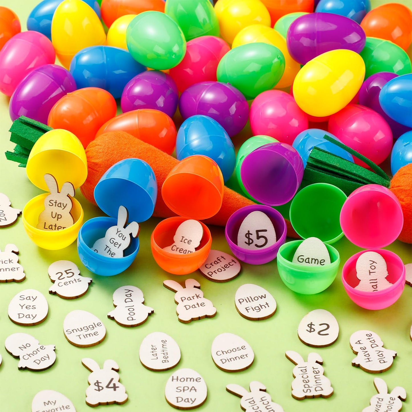 Blueweenly 60 Sets Easter Egg Tokens With Plastic Easter Eggs, Bulk Colorful Fillable Reward Prizes Wooden Bunny Chick Tokens Pr
