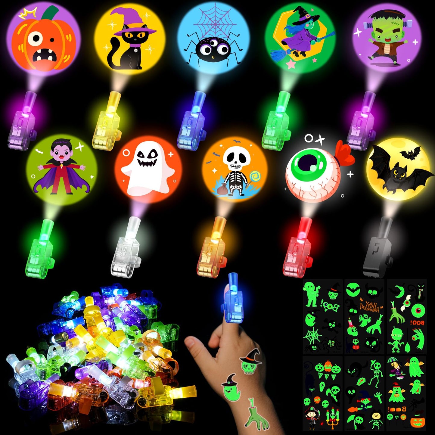 40 Pack Halloween Party Favors for Kids: LED Light Up Finger Lights & Tattoos Halloween Trick-or-Treat Goodie Bag Fillers Stuffe