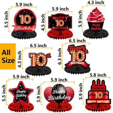 Happy 10Th Birthday Red And Black Table Honeycomb Centerpieces Balloons Theme Decor Table Decorations Table Toppers For Girls Women Princess 10 Years Old Birthday Party Bday Supplies Background Gold