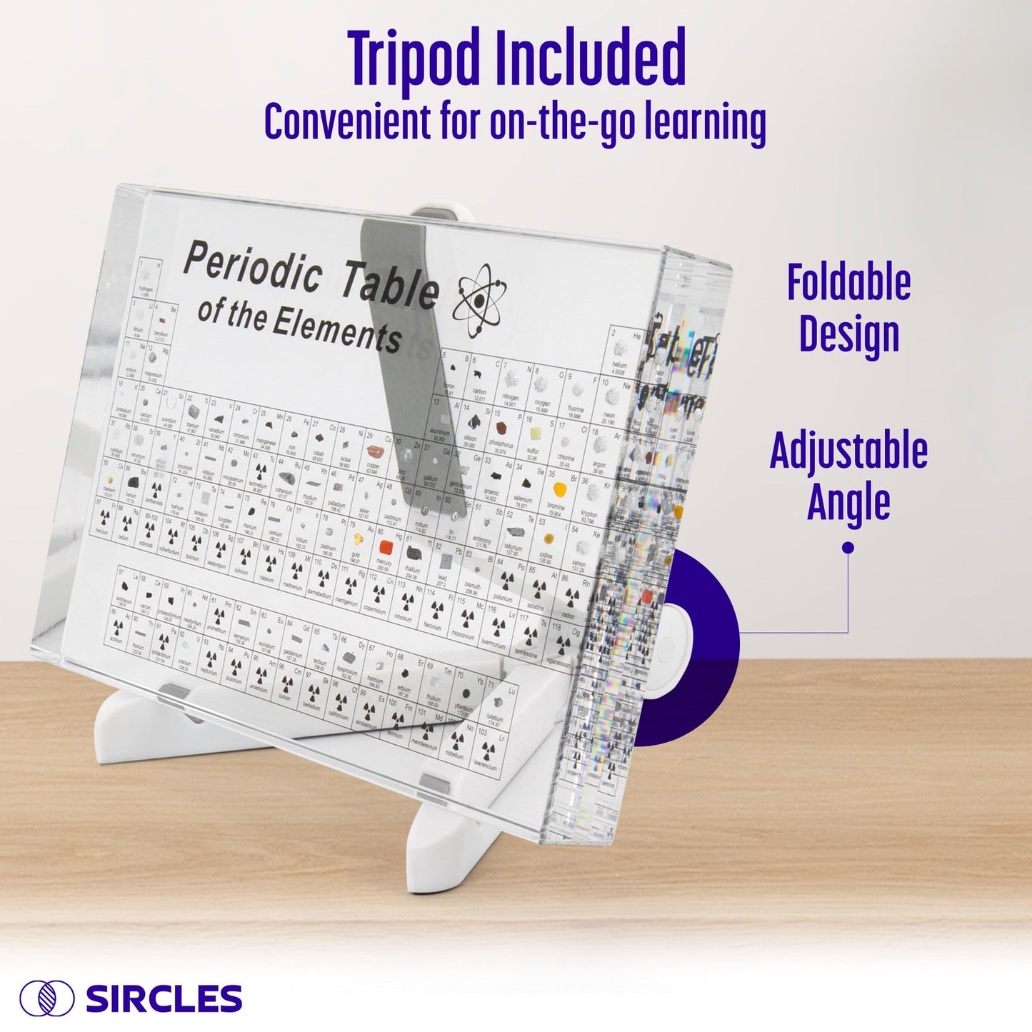 Sircles Periodic Table With Real Elements Inside - Includes Magnifying Glass, Wooden Stand, Tripod - Transparent Acrylic Glass -